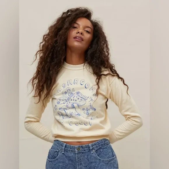 Urban Outfitters Mushroom Girl Graphic Sweatshirt Cream Blue Cottagecore Top - Picture 2 of 9